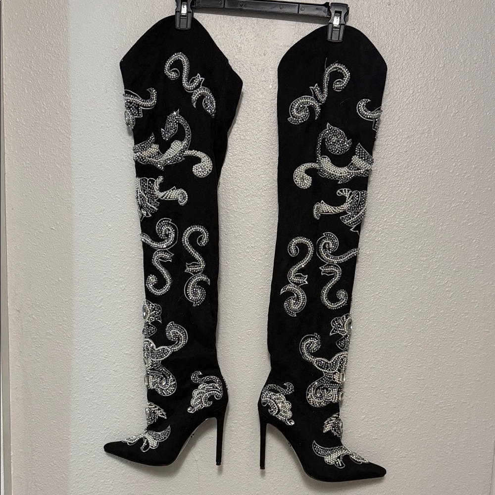 Elegant Black and Silver Embroidered Women's Boots